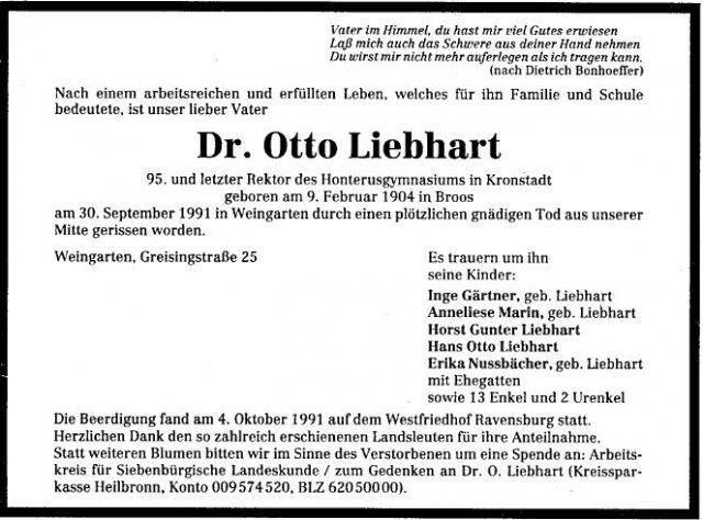 Liebhart Otto 1904-1991 Todesanzeige